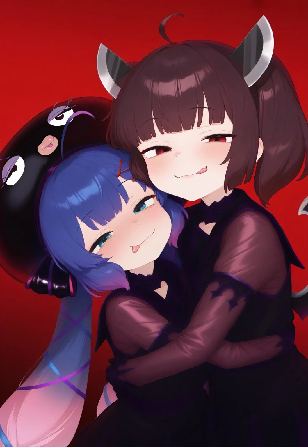 masterpiece,best quality,amazing quality,(general:2), 
2girls, duo, smug, tongue out,
touhoku kiritan, otomachi una,
corruption, waruochi, 

hugging, looking at viewer,

 
