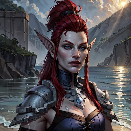 best quality, masterpiece, realistic, portrait,
water, ocean, waves, sunlight,
1girl, beautiful shewowtroll shaman, looking at viewer, grey skin, blue eyes, dark blue armored dress, red hair, mixed hair color, mohawk,
<lora:sxzTrollsWarcraft_sxzTrolls:0.8>