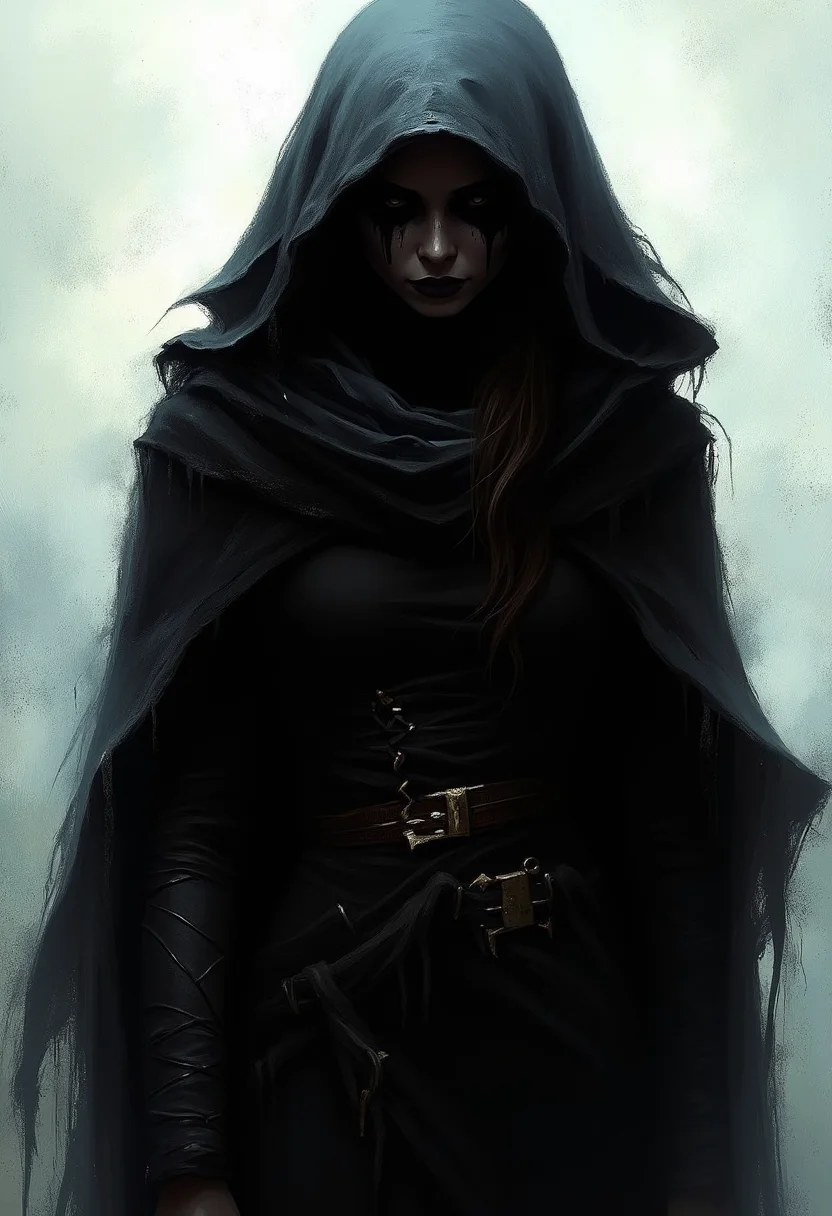 An atmospheric and powerful dark fantasy, natural organic and impressionist classical-style painting of a woman with long dark hair and a hood. The hood is black and covers her head and shoulders. The woman is wearing a black outfit. The background behind the woman is white. The painting has a dark and smudged texture to it. The person has black make up on their face and eyes.