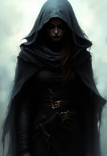 An atmospheric and powerful dark fantasy, natural organic and impressionist classical-style painting of a woman with long dark hair and a hood. The hood is black and covers her head and shoulders. The woman is wearing a black outfit. The background behind the woman is white. The painting has a dark and smudged texture to it. The person has black make up on their face and eyes.