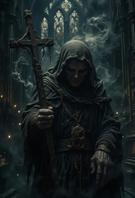 horror show, monster, nightmare, fear, Cinematic style
play of shadow and light,
"An eerie, dark gothic scene featuring an elderly, haunted priest in an ancient, dimly lit cathedral. The priest, dressed in worn black robes, holds a weathered cross, with a look of grim determination and sorrow. His eyes glow ominously red, adding a supernatural and unsettling quality. Thick, swirling smoke surrounds him, and faint candlelight illuminates the stained glass windows in the background, casting ethereal colors into the otherwise shadowy atmosphere. In front of him, a grotesque figure or monstrous creature kneels, partially obscured by shadows and the smoky haze, evoking a feeling of dread and despair."