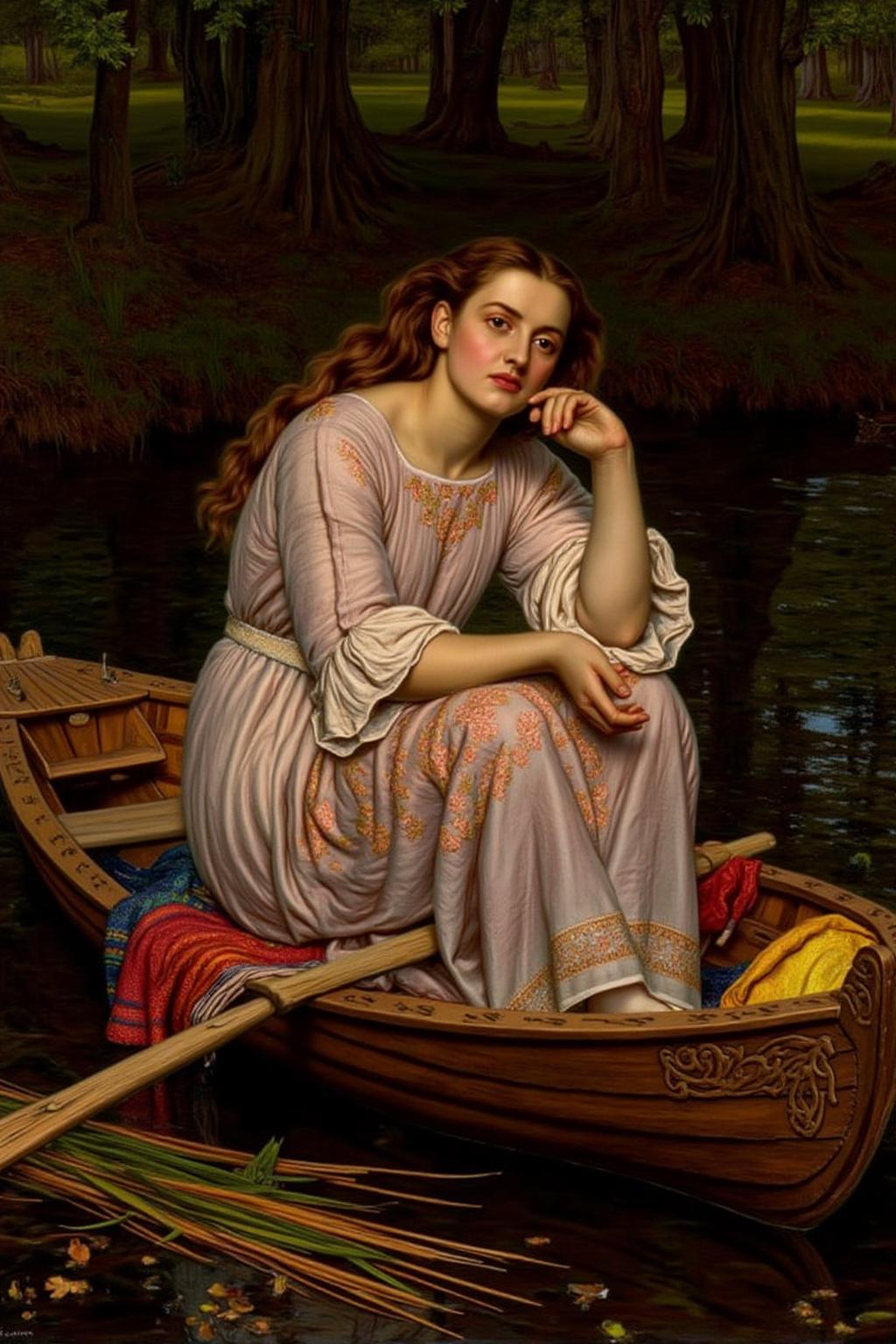 williamhhunt1 painting. 
jwwaterhouse1. A young woman seated on top of a colorful blanket inside a small ornate wooden boat. There are some reeds beside the boat. She wears a flowing, pale gown adorned with delicate floral patterns, her long, loose hair cascading around her shoulders. Her face is melancholic. There is a forest in the background.  <lora:williamhhunt1_cap_d6a3e9:1.0><lora:838095054859027874:0>