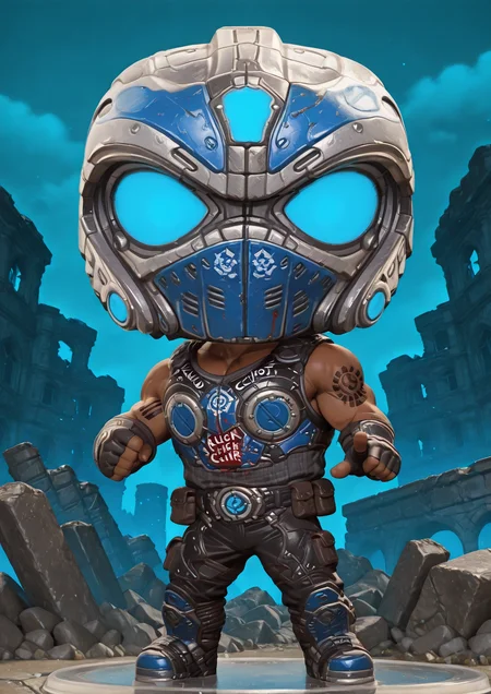 <lora:Clayton_Carmine_IL:0.99> 1boy, mature male, solo, male focus, clayton_carmine, (((helmet:1.3))), muscular, bara, armor, armor writing, blood on armor, black belt pouch, black pants, dark grey ribbed tank top, fingerless gloves, pose, looking at viewer, dark skin, arm tattoo, black belt, ruins, night, <lora:funkoPopIllustrious5:1.1> funkopop, plastic figure, simple, pointing at viewer, glowing light blue eyes, chibi