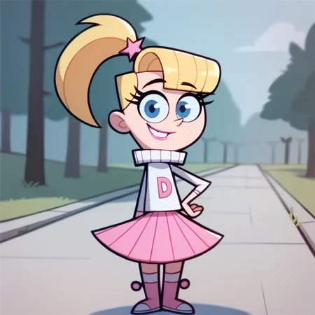 score_9, score_8_up, score_7_up BREAK VeroFOP, 1girl, blonde hair, blue eyes, ponytail, pink hairclip, pink lipstick, long-sleeve white turtleneck sweater with D-logo, pleated pink skirt, pink white boots, smiling at viewer, solo, solo focus, school outdoors, school background,