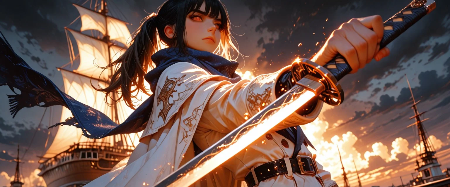 masterpiece, ultra-HD, photorealistic, impressionism, high detail, depth of field, dynamic lighting, best quality, very aesthetic, 8k, best quality, masterpiece, best quality, absurdres, newest, very aesthetic, detailed face, detailed character, detailed clothes, detailed background, detailed light, detailed shadows,
1girl, human, light skin, black long hair, ponytail, tall body, tall hand, asian face, (brown eyes), ((monochrome creamy clothes, long dark-blue scarf, white cloak, white tuxedo, black belt)), katana, serious expression, drama light, drama shadows, good construction weapon, sail ship background, dark clouds background, small bag on belt, stand on ship, white sclera, ((dynamic attack poses, dynamic angle)),
HDR, 8K, high contrast, , very aesthetic, high resolution, ultra-detailed, absurdres, perfect lighting, ((photorealistic)), Depth of field, volumetric lighting, dramatic shadows, cinematic lighting, (sharp image), safe, BREAK, scenery, realistic/anime, (perfect anatomy, perfect hand anatomy, perfect face anatomy, perfect eyes anatomy, perfect mouth anatomy), perfect lighting, (sharp image), (dynamic poses), perfect anatomy, Focus face, <lora:02c9686b-b6c4-41a0-82e9-287881257ea4:0.7>, <lora:8634e212-e0f7-4f65-aaad-f27f330ba925:0.7>