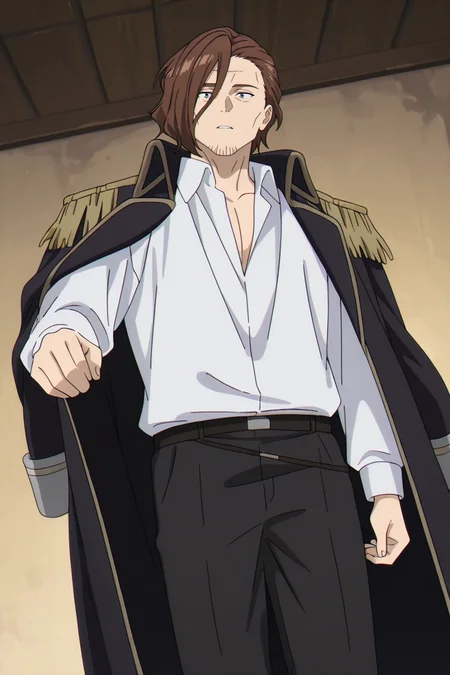 score_9, score_8_up, score_7_up, score_6_up, perfect anatomy, perfect proportions, best quality, masterpiece, high_resolution, high quality, best aesthetic, incredibly absurdres, highres, extremely detailed, huge filesize, solo male, adult, mature, masculine, manly, handsome, charming, alluring, standing, upper body, dutch angle, cowboy shot, perfect face, source_anime \(Frieren: Beyond Journey's End\), anime coloring \(Frieren: Beyond Journey's End\), Graf Granat\(Frieren: Beyond Journey's End\), FRRGraf, brown hair, hair parted to one side, facial hair, stubble, blue eyes, sanpaku, FRRGraf_outfit02, white collared shirt, black pants, matching boots,
