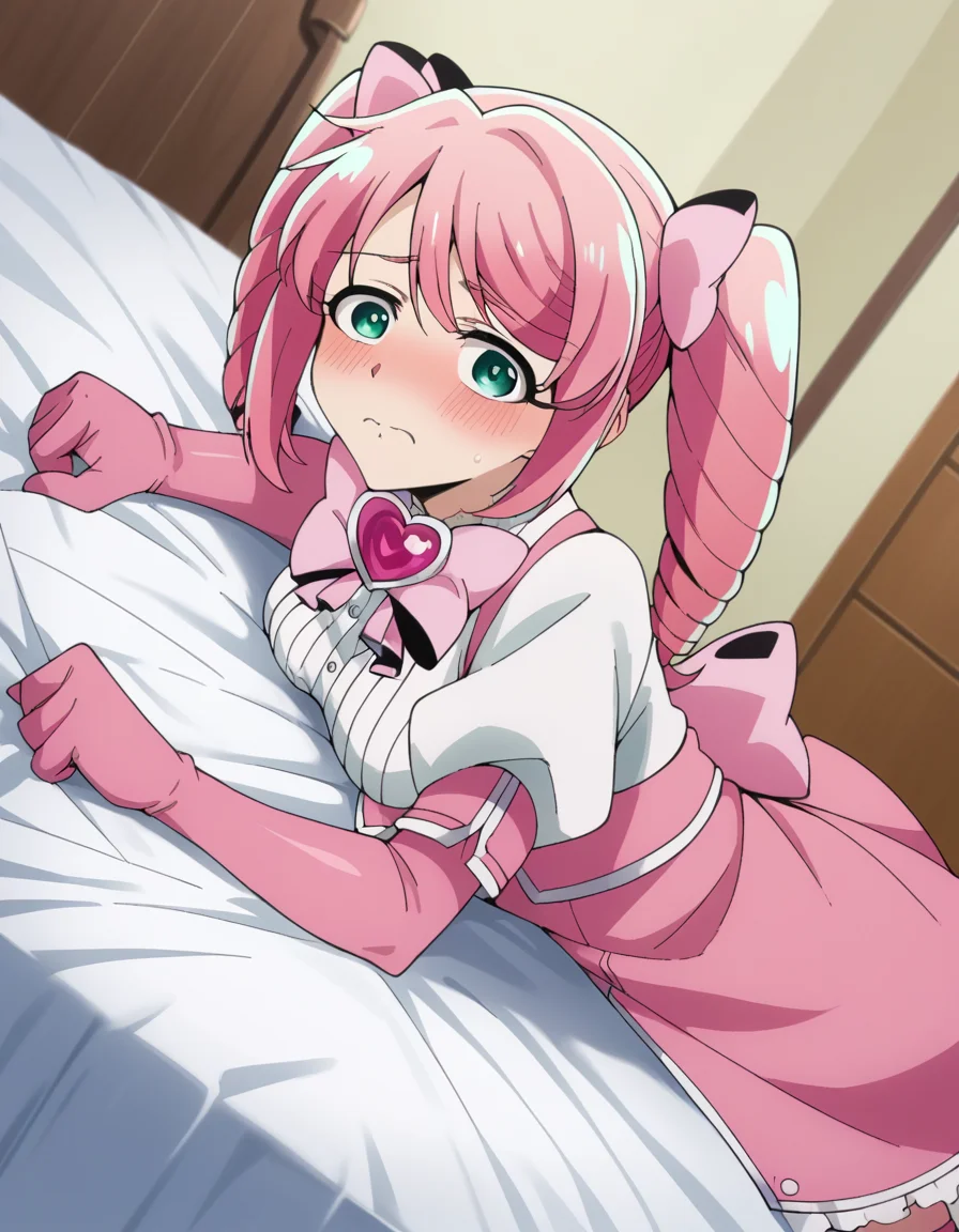 score_9, score_8_up, score_7_up, source_anime,
harukahanabishi, <lora:haruka-hanabishi-ponyxl-lora-nochekaiser:1>
haruka hanabishi, twintails, green eyes, pink hair,
thighhighs, gloves, dress, bow, magical girl, pink gloves,
indoors, bed, bed room, on side, blush, drunk,
looking at viewer, dutch angle, cowboy shot