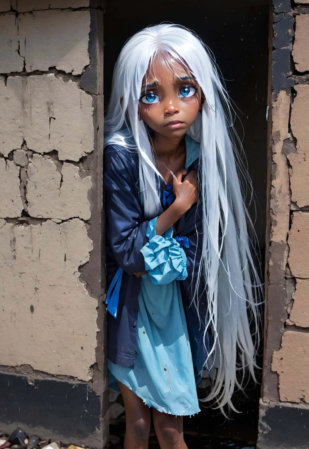1girl, pcpcpc, dark skinned female, long white hair, blue eyes, torn clothes, old clothes, blank eyes, looking down, depressed, raining, outdoor, slum, old building wall, wet, sad, barefoot, peeking out, hiding behind wall