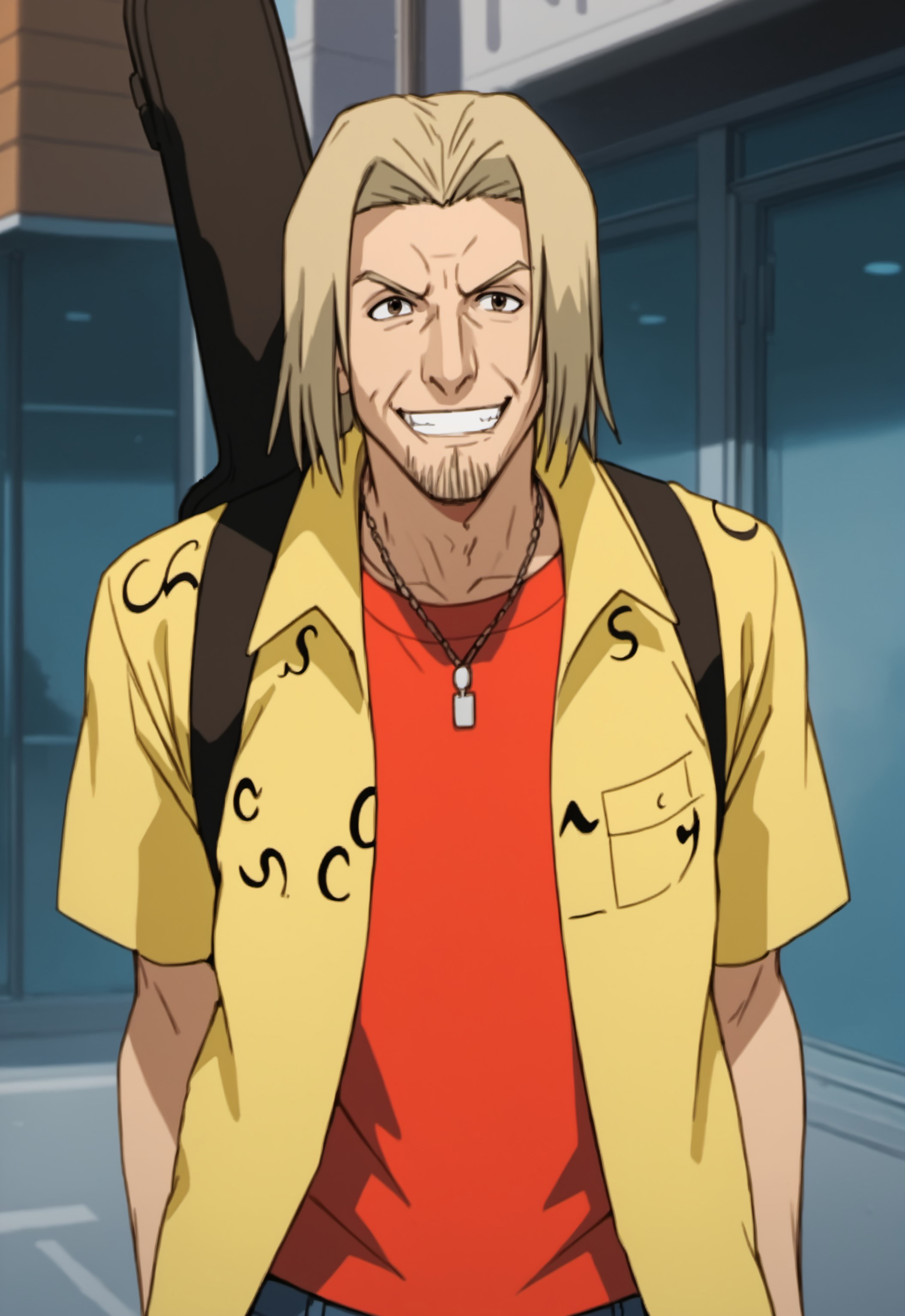 safe_pos, score_9, score_8_up, score_7_up, rating_nsfw, ultra hd, absurdres, best quality, best aesthetic, solo, 1boy, male focus, erotic, mature male, Expressiveh, wolfconf,

BleachShigeo, yellow shirt, red shirt, facial hair, blonde hair, stubble, guitar case, grin, teeth, looking at viewer