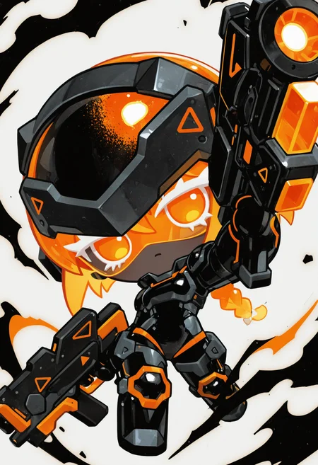 masterpiece,best quality,amazing quality,
colored eyelashes,white eyelashes,
1girl,black teal armored body suit,energy gun,visor,silver orange and black color theme,white background
crk1styl111,<lora:lycoris:1>,(chibi:1.4),