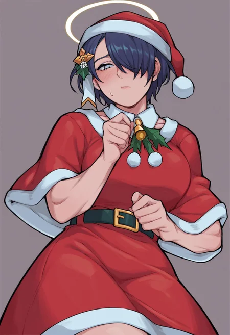 score_9, score_8_up, score_7_up, source_anime, 1girl, solo, muscular, htarchangel, hair over one eye, white halo, santa hat, santa_dress, shy, nevous, looking the other way