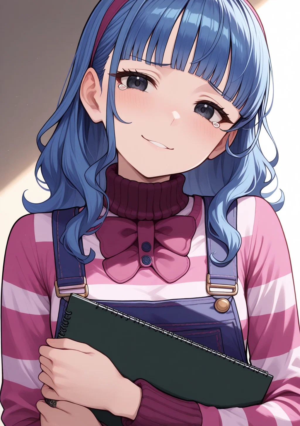 masterpiece, best quality, absurdres, perfect lighting,shiny skin,<lora:StS-Illustrious-Detail-Slider-v1.0:3>,<lora:illustrious_noobai_epsilon_pred_1_best_quality_v1:1>,1girl,Vera Misham,long hair, blue hair,blunt bangs, black eyes, <lora:Vera Misham:1>,overalls, striped shirt,sketchbook, long sleeves,holding, bow, animal print, bowtie,looking at viewer,smile,tearing up,head tilt, upper body,