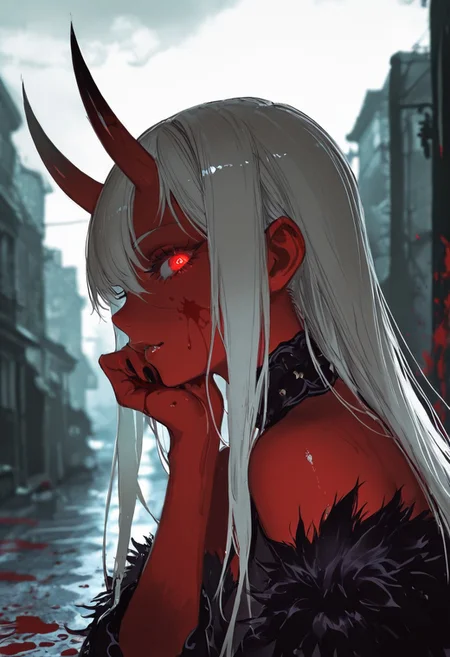 (EyesHD:1.2), (4k,8k,Ultra HD), masterpiece, best quality, ultra-detailed, very aesthetic, sharp focus, depth of field, ray tracing, best lighting, detailed illustration, detailed background, cinematic, beautiful face, beautiful eyes, 
BREAK
detailed background, eyelashes, erotic, looking seductive, coy. dynamic action image, detailed face, detailed eyes, direct mesmerizing gaze, 
BREAK
(sexy, slutty, hot, aroused), 
Aka-Oni, oni, colored skin, (red skin:1.3), straight horns, solo, long hair, model style, evil eyes, evil, bullying, sinister,
BREAK
by rintaro komori:1.3), (by ilya kuvshinov:0.5), (by aoi ogata:0.5), dark maniac theme, blood splatter on face, 1girl, portrait, scenery, outdoors, profile, nose, lips, sideways glance, glowing eyes, hand on own cheek, smeared blood,