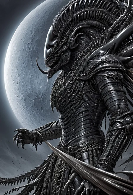 A closeup of fantastical image of a Xenomorph knight, clad in flowing, flowing robes, wielding an ornate, ornate blade. they wield the sword in a fluid, dynamic motion. The moon's reflection highlights their magical power, solo, wide angle, art by hr giger