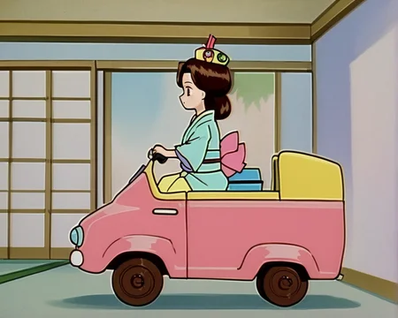 misako kurata, 1girl, solo, japanese clothes, kimono, brown hair, brown eyes, hair ornament, indoors, toy car, vechicle, riding, from side <lora:Misako_Kurata_FORPONY-20:1>