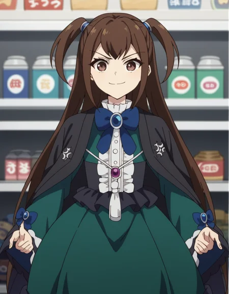 score_9, score_8_up, score_7_up, source_anime, <lora:kizuna-kazayama-s2-ponyxl-lora-nochekaiser:1>, kizuna kazayama, long hair, brown hair, brown eyes, two side up,, long sleeves, dress, bow, frills, wide sleeves, bowtie, cape, blue bow, brooch, green dress, black cape,, convenience store, snacks, shelves, counter, quick, smile, v, v over mouth, smug,, looking at viewer, solo,, dutch angle, cowboy shot