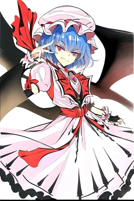 solo, 1girl, solo_focus, ((too many)):16,
watercolor (medium), traditional media,
remilia_scarlet_(koumajou_densetsu), solo, 1girl, smile, short_hair, shirt, red_eyes, bow, blush, hat, ribbon, dress, hair_ornament, frills, blue_hair, jewelry, puffy_sleeves, short_sleeves, red_bow, wings, mob_cap, nail_polish, pink_eyes, flower, ascot, pantyhose, sidelocks, detached_sleeves, hat_ribbon, shoes, pointy_ears, grin, wrist_cuffs, bat_wings, sword, fingernails, white_headwear, black_pantyhose, high_heels, hat_bow, collar, fang, sash, black_gloves, choker, petals, white_dress, fingerless_gloves, polearm, lips, hair_flower, expressionless, frilled_sleeves, hat_flower, brooch, pink_dress, red_sash, armband, sharp_fingernails, frilled_dress, collared_dress, coat, wing_collar, red_footwear, spear_the_gungnir, long_fingernails, light_purple_hair, eyelashes, bridal_gauntlets, cross, clenched_teeth,