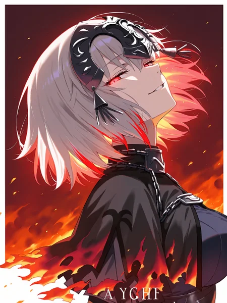 <lora:nai_ILL:0.8>,
<lora:Glowing_Spot_Color_-_Illustrious:0.6>, glowing eyes, streaked hair, glowing inner hair, glowing streaks,
jeanne d'arc alter (fate), 1girl, armor, black capelet, border, breasts, burning clothes, capelet, character name, embers, from side, grey hair, half-closed eyes, head back, headpiece, large breasts, light smile, looking at viewer, looking to the side, outside border, parted lips, red background, red eyes, shirt, short hair, simple background, solo, two-tone background, white border,