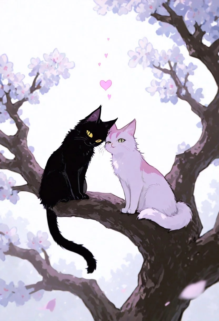 A monochromatic, black-and-white photograph of two cats sitting on a tree branch, facing each other in an intimate and harmonious pose. The left cat is black, while the right cat is white, creating a striking contrast. They are surrounded by delicate, blooming branches with small flowers, adding a serene and romantic atmosphere. The background is softly blurred, focusing the viewer's attention on the cats and their interaction. The lighting is soft, emphasizing the texture of their fur and the gentle ambiance of the scene.
<lora:Anime v1.3:1.2> <lora:Blue_Future:0.9> <lora:Ethereal Brush Anime v2.0:0.6> <lora:It's a LoRA for portraits, BUT! actually specialized in backgrounds. v1.0:0.2>,pink heart in front of them, white sphere on the background