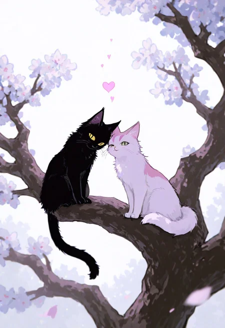 A monochromatic, black-and-white photograph of two cats sitting on a tree branch, facing each other in an intimate and harmonious pose. The left cat is black, while the right cat is white, creating a striking contrast. They are surrounded by delicate, blooming branches with small flowers, adding a serene and romantic atmosphere. The background is softly blurred, focusing the viewer's attention on the cats and their interaction. The lighting is soft, emphasizing the texture of their fur and the gentle ambiance of the scene.
<lora:Anime v1.3:1.2> <lora:Blue_Future:0.9> <lora:Ethereal Brush Anime v2.0:0.6> <lora:It's a LoRA for portraits, BUT! actually specialized in backgrounds. v1.0:0.2>,pink heart in front of them,  white sphere on the background