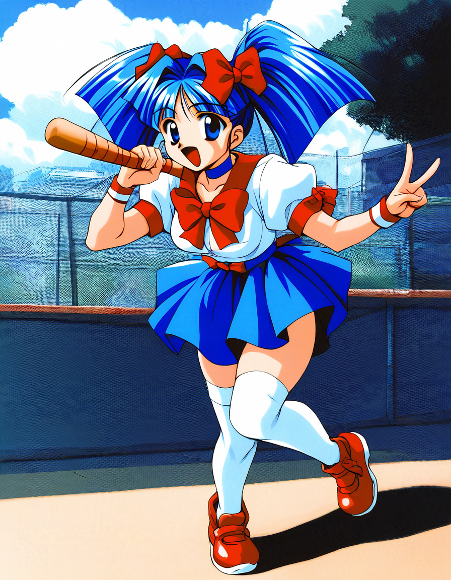 score_9, score_8_up, score_7_up, source_anime, rating_explicit, BREAK  <lora:Tomohara_Atsuko_XL:1> TomoharaAtsuko, blue hair, blue eyes, twintails, hair bow, medium breasts, red bow, long hair,
1girl, solo, thighhighs, skirt, full body, holding, white thighhighs, 1990s (style), bow, open mouth, red footwear,  shoes, standing, blue skirt, short sleeves, 
 looking at viewer, holding  bat, wristband, v, over-kneehighs, puffy sleeves, , choker, baseball bat, 
outdoor, day, sky,