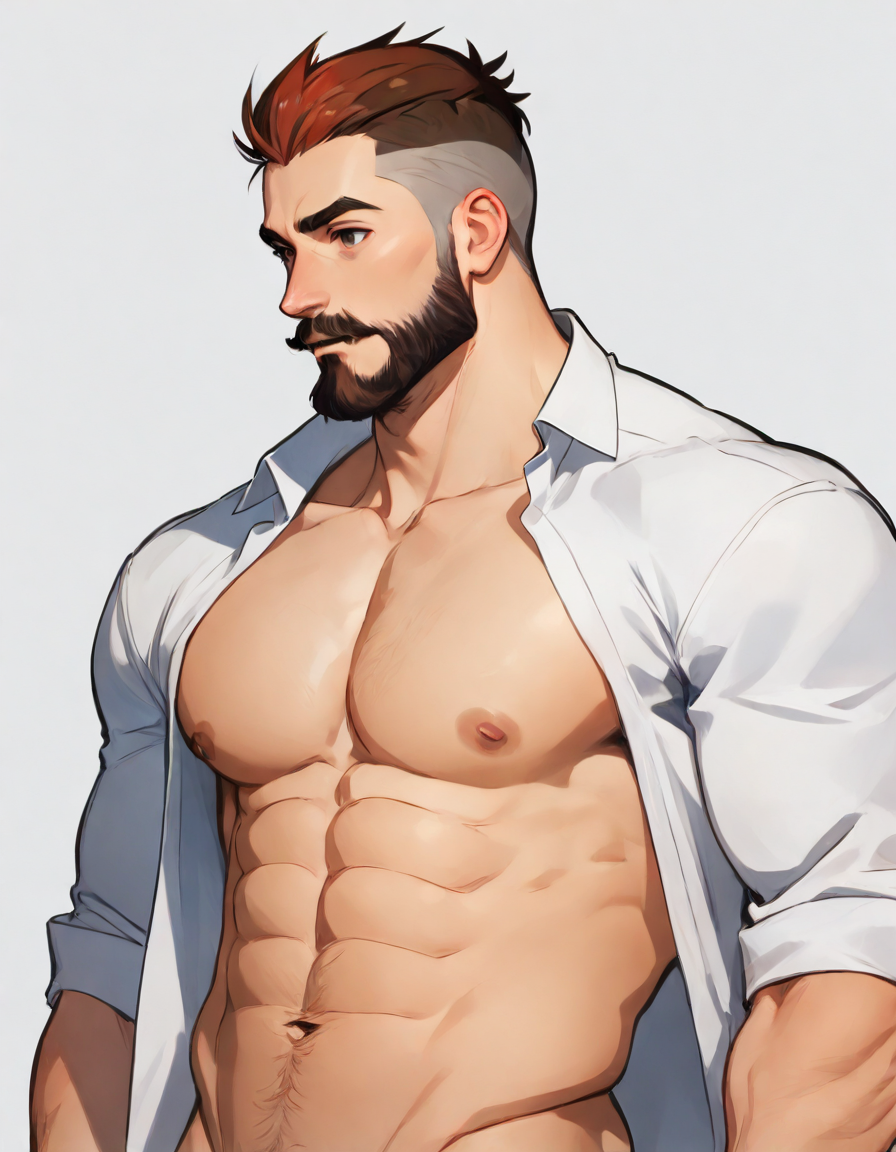 illMaleupBody, solo, short hair, brown hair, navel, nipples, upper body, male focus, open shirt, multicolored hair, stomach, completely nude, muscular, facial hair, abs, pectorals, muscular male, bara, beard, large pectorals, mature male, mustache, undercut, 1boy
<lora:ILLå¡é2Dç·å­ä¸èº«illMaleupBody:0.8>,