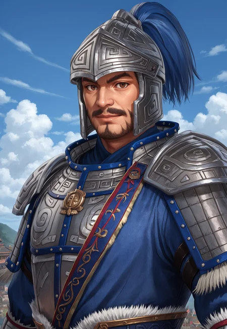 score_9, score_8_up, PangDeDW, brown eyes, beard, mustache, mature male, muscular, helmet, blue plume, fur trim, pauldrons, breastplate, looking at viewer, smile, dynamic pose, detailed background, dutch angle, ancient china, blue sky, clouds, portrait,