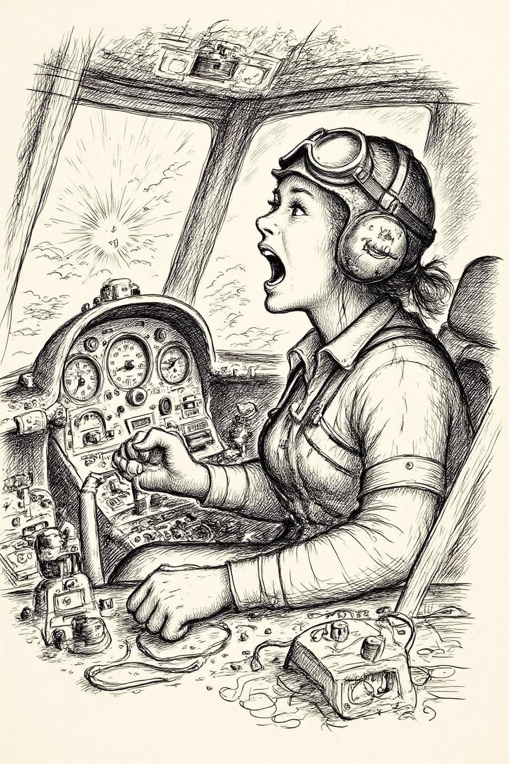 gawi1 illustration.
A female pilot screaming inside the cockpit of a World War II bomber. The pilot, wearing a vintage leather flight helmet with goggles and a bomber jacket, grips the controls with white-knuckled hands. Her face is contorted in a mix of fear and determination as she yells, her eyes wide with adrenaline. The cockpit is cramped and filled with old-fashioned dials and gauges, with the outside view showing dark stormy clouds and distant anti-aircraft fire <lora:gawi1_cap_d6a3e12:1.0><lora:827359539289517480:0>