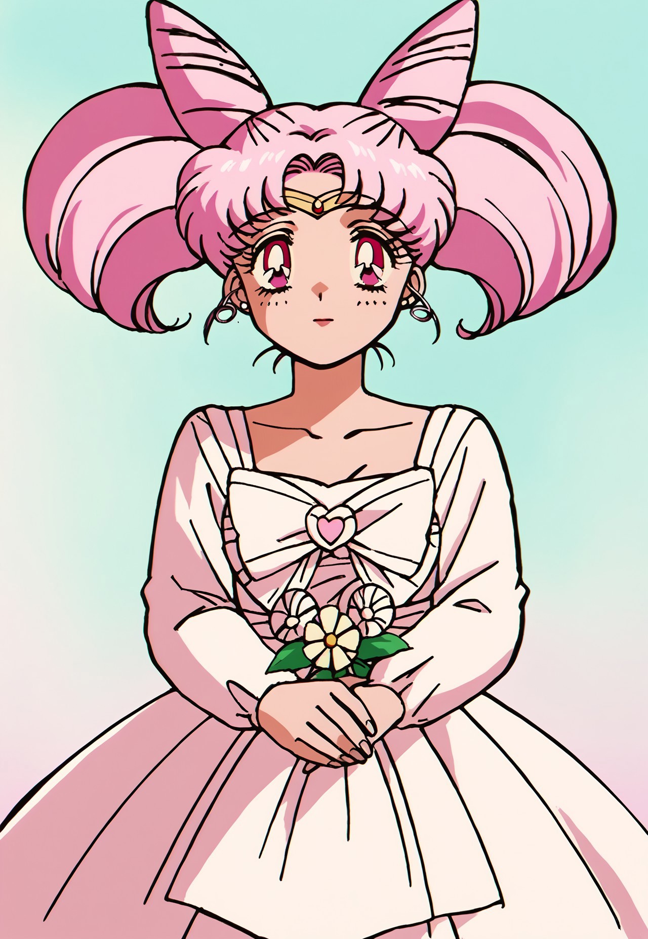 score_9, score_8, score_7, source_anime, wedding dress, chibiusa, cone hair bun, double bun, hair bun, hair ornament, pink eyes, pink hair, short hair, twintails, circlet, parted bangs, mature female, solo