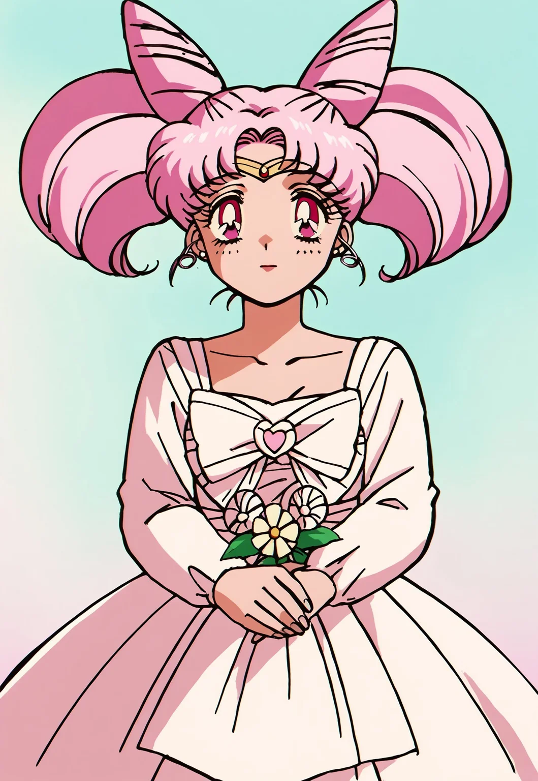 score_9, score_8, score_7, source_anime, wedding dress, chibiusa, cone hair bun, double bun, hair bun, hair ornament, pink eyes, pink hair, short hair, twintails, circlet, parted bangs, mature female, solo