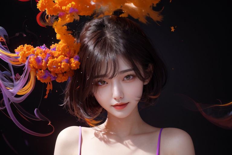 highly insanely detailed, masterpiece, top quality, best quality, highres, 4k, 8k, RAW photo, (very aesthetic, beautiful and aesthetic),  
(1girl:1.3), 1other, 
dark red background,marigold yellow background,midnight purple background,(rainbow background,colored smoke background,color splash background:1.2), 
âââ