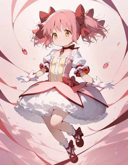 (score_9,score_8_up,score_7_up),<lora:homura and madoka:1>,, (mahou_shoujo_madoka,kaname madoka,pink hair,twintails,short twintails,hair ribbon,red ribbon,hair bow,ribbon,yellow eyes),(magical girl,choker,ribbon choker,red choker,soul gem,gloves,white gloves,puffy sleeves,puffy short sleeves,short sleeves,bow,skirt,bubble skirt,frilled skirt,dress,white skirt,frills),(white socks,frilled sleeves,frilled socks,socks,ankle ribbon,leg ribbon),red footwear,, 1girl, perfectly flat chest, tiny perky tits