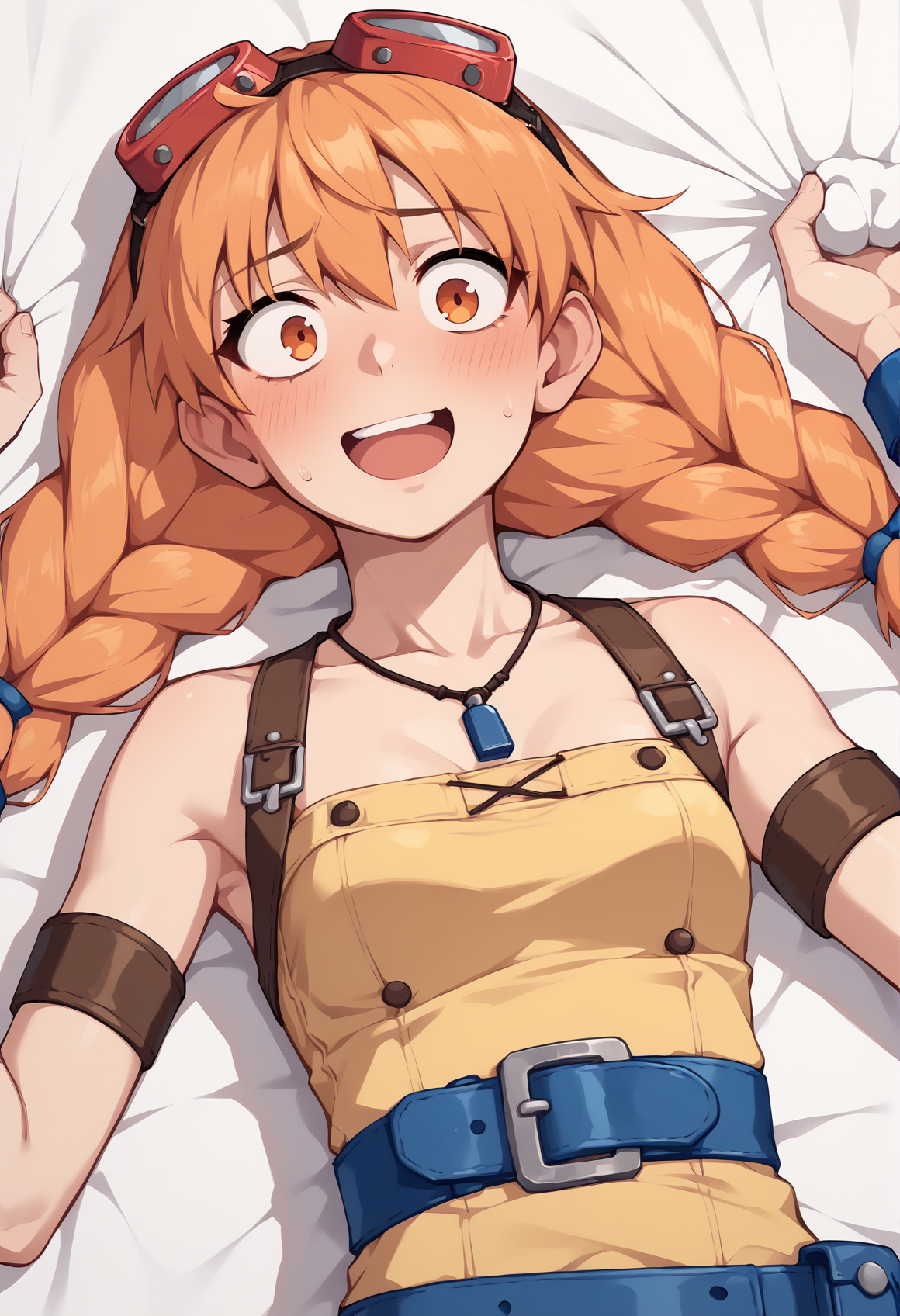 1girl, solo, twin braids, orange hair, long hair, orange eyes, necklace, dress straps, yellow dress, Goggles On Head, armlet, blue belt, wristband, laying, on bed, surprised, blushing, nervous smile, grabbing sheet, looking to the viewer, open mouth <lora:Aika_Skies_of_Arcadia_XL:1>, score_9, score_8_up, score_7_up, score_6_up, score_5_up, score_4_up, BREAK source_anime, masterpiece