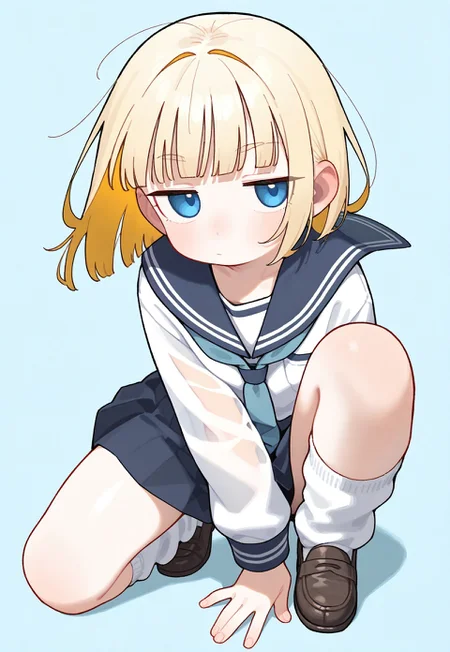 masterpiece, best quality, amazing quality, absurdres, newest,
1girl, solo, 

blonde hair, bobcut, blue eyes, ((micro bangs, straight bangs cut high above the eyebrows)), 
loose socks,  ((knees subtly tinged with pink):1.2), 
jitome,

sailor's uniform, blue vertical background, popping out of background, full body, 


from below, kneeling on one knee, windy,
dynamic pose, 

skinny upper body, loafers, [skinny upper body], translucent skin, [[chubby thick legs]:0.7], bottom heavy,