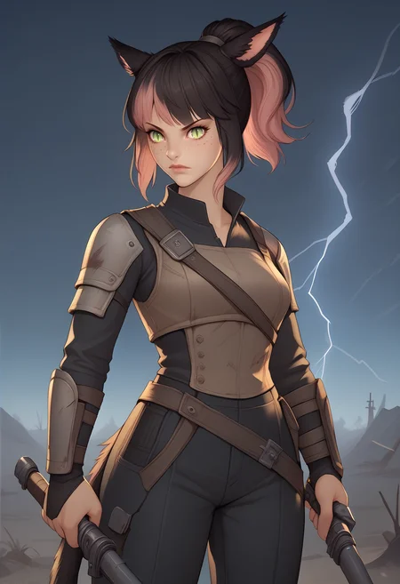 score_9, score_8_up, score_7_up BREAK <lora:clamXIVMC_v20:1> cowboy shot, xivmc, animal ears, two-tone hair, ponytail, green eyes, slit pupils, freckles, cat tail, fantasy armor, holding weapon, holding, weapon, DualWielding, wasteland, night sky, lightning storm <lora:UBW_XLPD:1>