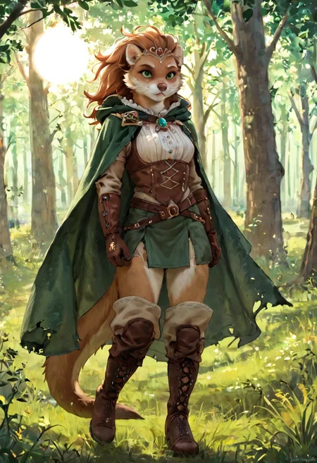 score_9, score_8_up, score_7_up, score_6_up, solo, stoat, beige fur, freckles, fantasy clothes, green clothes, blond hair, green cape, female, forest background, lush field background, field, sun, weasel, green eyes, fullbody, bright hair, leather gloves, leather boots, torn black pants, green half-skirt, olive branch tiara, sun brooch