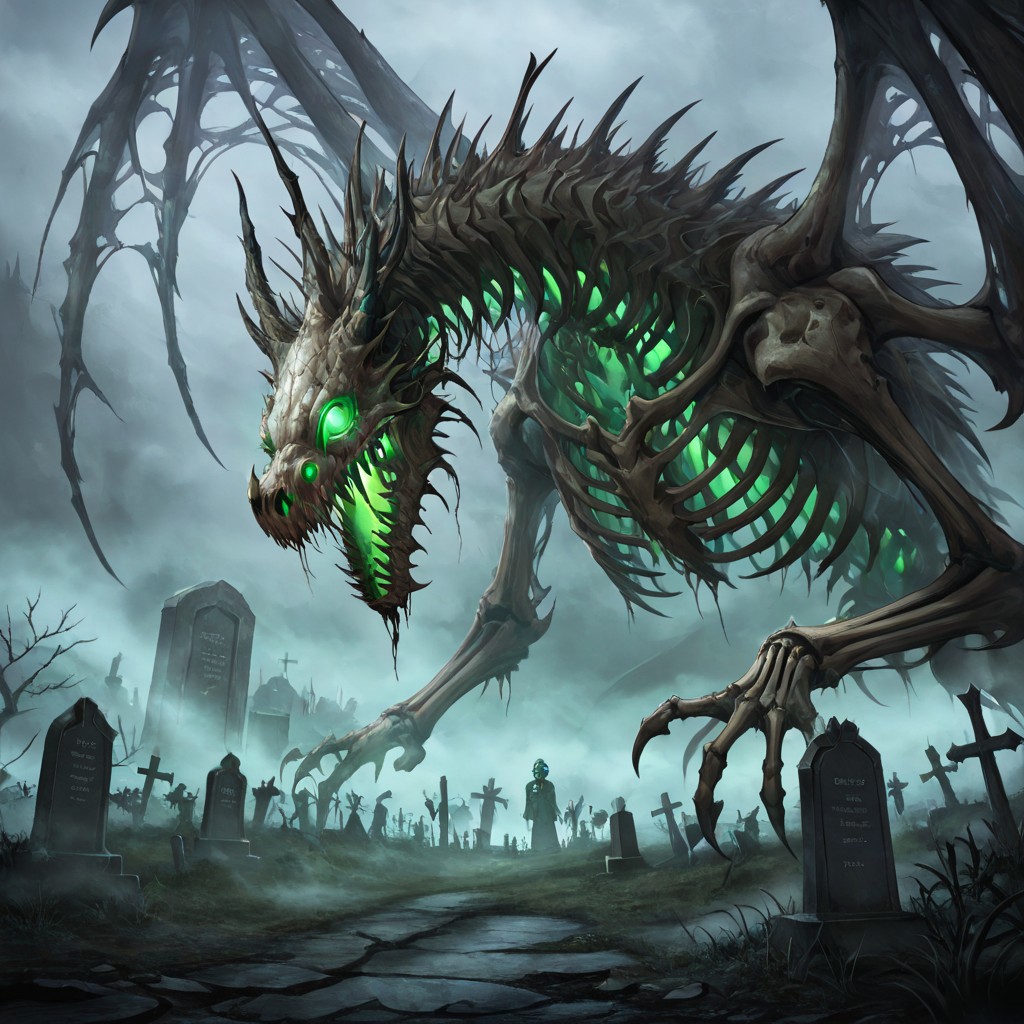 masterpiece, best quality, newest, absurdres, highres, DRALV1.0, undead dragon, undead, skeleton, bones, glowing, green eyes, glowing eyes, graveyard, grave, fog, horror (theme),