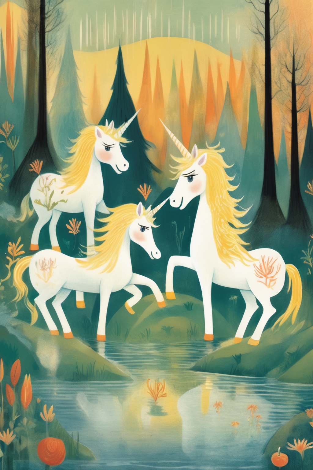 <lora:Tove Jansson Style:1>Tove Jansson Style - Generate a high-quality, high-resolution illustration inspired by Tove Jansson's distinct style. The picture should depict the closing scene of the day, with the Reunicorns basking in a sense of accomplishment and fulfilment. The Reunicorns, with their pearlescent bodies, long manes, and bright golden horns, radiate a soft, warm light, symbolizing their magical essence. Their golden horns, a crucial aspect of their identity, sparkle brilliantly against the backdrop of the setting sun. Each unicorn has its own distinctive features: Mummycorn's nurturing eyes, Daddycorn's proud stance, Sprite's youthful energy, and Sprinkle's innocent wonder. Kimmy, the bright-eyed young girl with short curly hair, stands beside them, holding her beloved, worn-out teddy bear close. The soft afterglow of the day's adventure is reflected in her eyes. Incorporate elements of Jansson's iconic style, with soft, soothing hues for the sunset and intricate details for the characters and landscape. The artwork should evoke a sense of calm, peace, and accomplishment, bringing the day and the story to a heartwarming close.