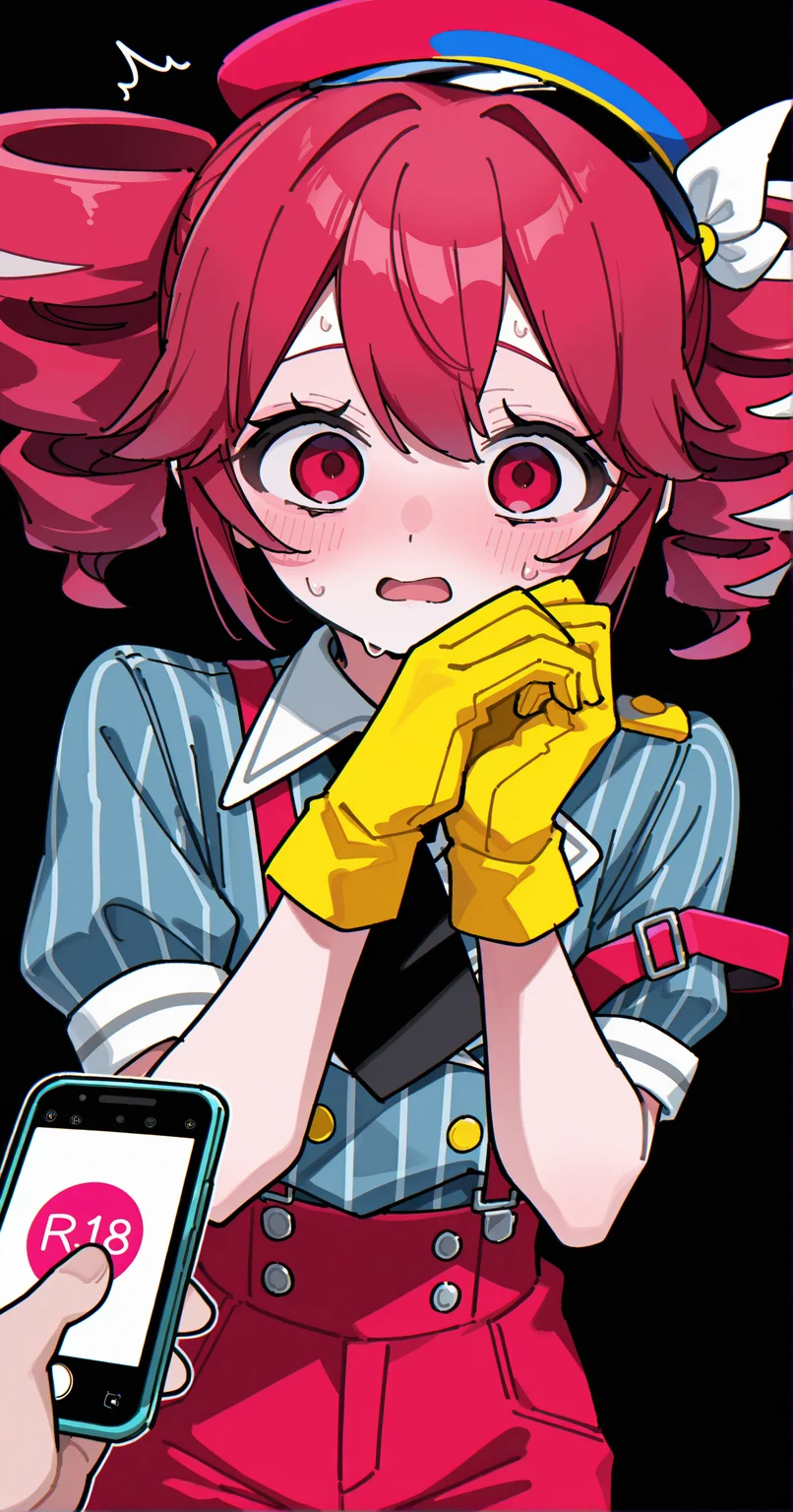 kasane teto, mesmerizer \(vocaloid\), 1girl, blush, open mouth, shirt, skirt, gloves, red eyes, hat, holding, twintails, white shirt, short sleeves, cowboy shot, sweat, red hair, necktie, collared shirt, solo focus, twitter username, striped clothes, sweatdrop, pov, red skirt, phone, drill hair, blue shirt, cellphone, own hands together, suspenders, black background, 1other, ^^^, black necktie, surprised, red headwear, smartphone, twin drills, holding phone, strap slip, sleeves rolled up, vertical-striped clothes, out of frame, striped shirt, shirt tucked in, pov hands, red pants, short necktie, yellow gloves, vertical-striped shirt, suspenders slip
rating safe, akita,
masterpiece, best quality, amazing quality, highres, newest,  <lora:[illustrious]_akita_v1_(MikuMasteRace):1.0>