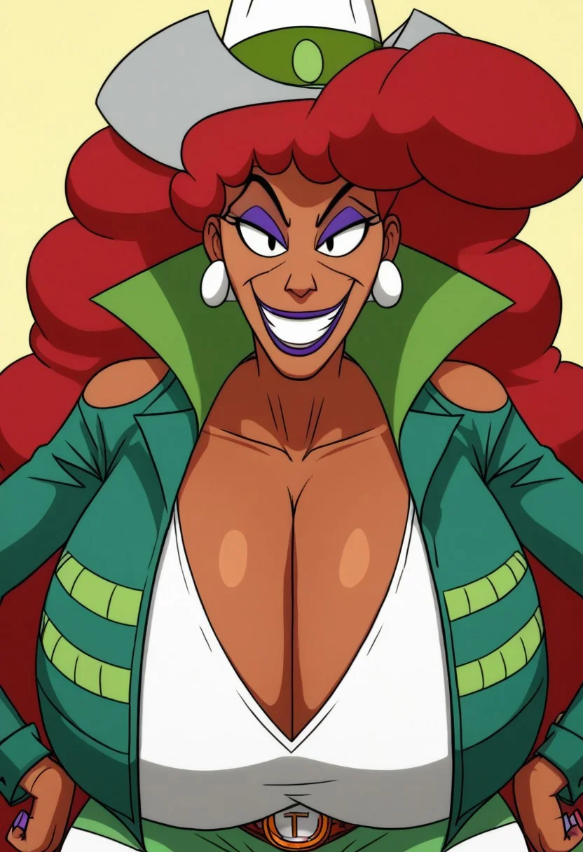 hd,high definition,perfect face,perfect eyes,Tumble,1girl,red hair,hat,purple eyeshadow, nail polish, dark-skinned female, lipstick, green jacket,, jacket, upper body view,hyper breasts,gigantic breasts,huge thighs,huge legs,smile,
