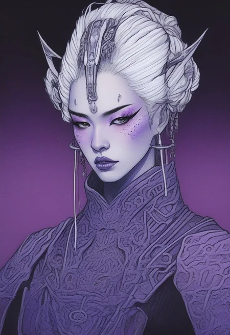 Highly detailed and stylized image of a futuristic, cybernetic geisha, serious, intimidating, pale complexion, white hair intricately styled, adorned in intricate purple and silver armor with leather and cloth accents, serious expression, beautiful 21 year old woman, ear piercings, black choker, novuschroma13 style pastels