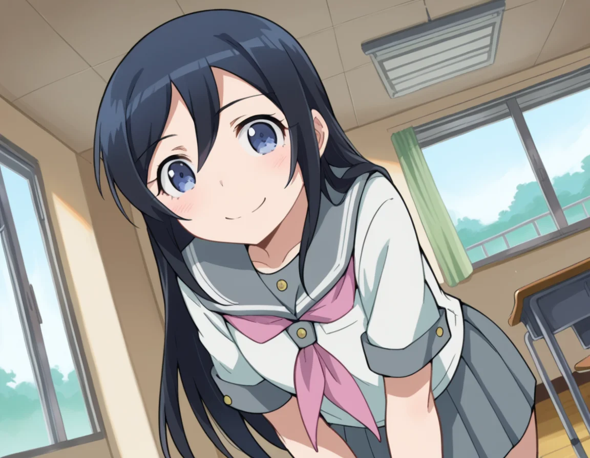 score_9, score_8_up, score_7_up, source_anime,
ayasearagaki, <lora:ayase-aragaki-s2-ponyxl-lora-nochekaiser:1>,
ayase aragaki, long hair, blue eyes, black hair, hair between eyes,
skirt, school uniform, serafuku, shirt, white shirt, grey sailor collar, grey skirt, pleated skirt, neckerchief, pink neckerchief,
indoors, classroom, bent over, smile,
looking at viewer, cowboy shot, solo, dutch angle,
