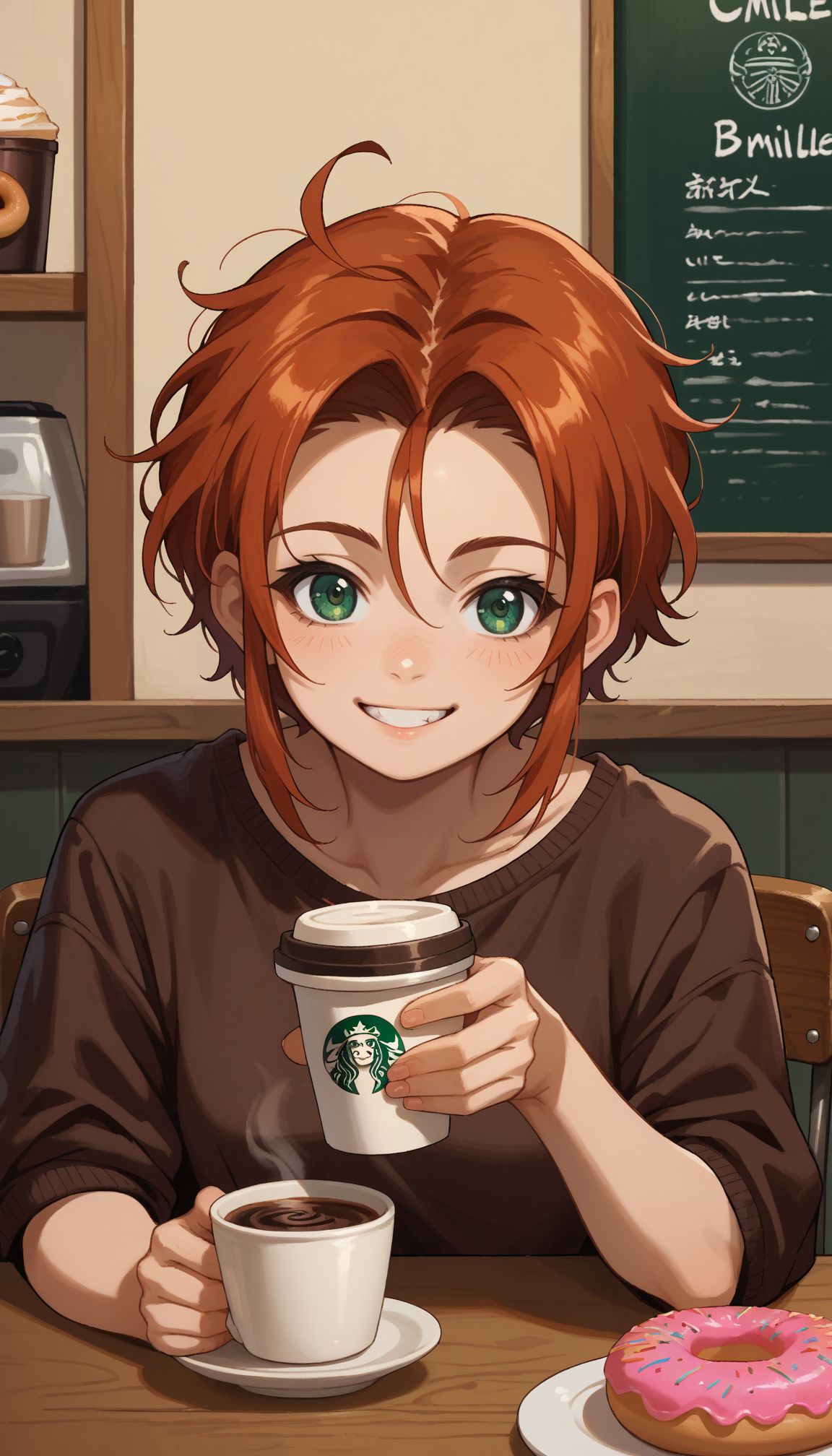 score_9, score_8_up, score_7_up, source_anime, ,
 <lora:GUPHelmet:1>, GUPHelmet, 1girl, auburn hair, green eyes, short hair
upper tooth, smile, , sitting, table, chair, coffee shop, holding coffee cup, doughnut, food, smille, upper body