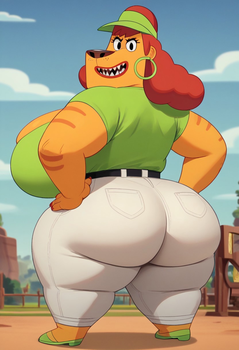 score_9, score_8_up, score_7_up,, high quality, 4K, masterpiece, , show accurate,1girl, muriel from furiki wheels,hands on hips, full body, jewelry, , large breasts, furry, , ass, , , grin, red hair, standing, , hat, back view,ass focus, visor, blue sky, green shirt, sharp teeth, , hoop earrings, huge thighs, sky, , furry female, cloud, earrings, open mouth, huge ass, , belt, outdoors, , , solo, , white pants, smile, fat, fangs,  breasts,looking at viewer,closed mouth,hyper thighs,hyper breasts