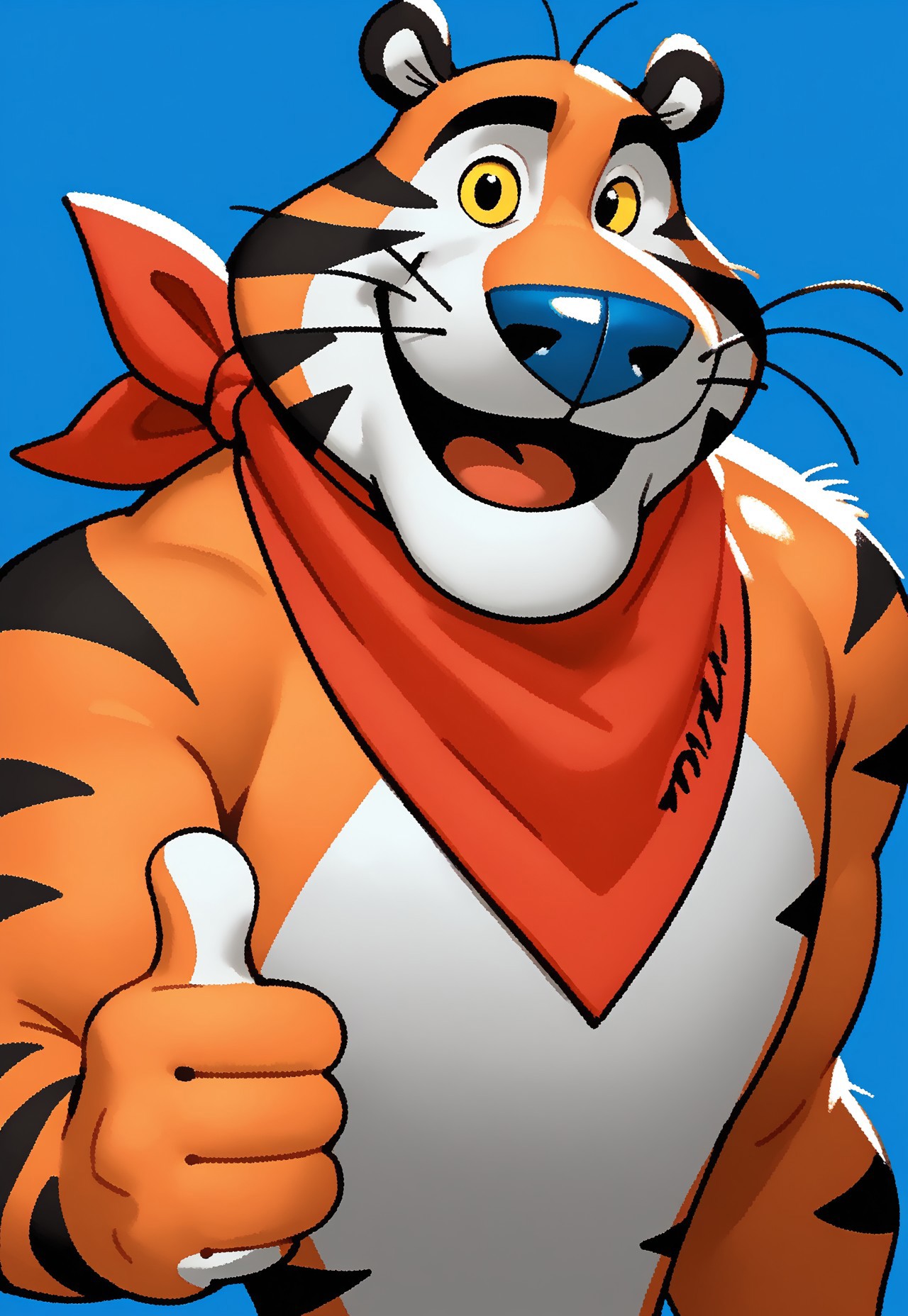 score_9, score_8_up, score_7_up, backlight, blue background, TonyTheTiger, Blue Nose, Red Kerchief, Tiger, Whiskers, Yellow Sclera, Black Eyes, male, solo, anthro, looking at viewer, thumbs up, smile, mouth open