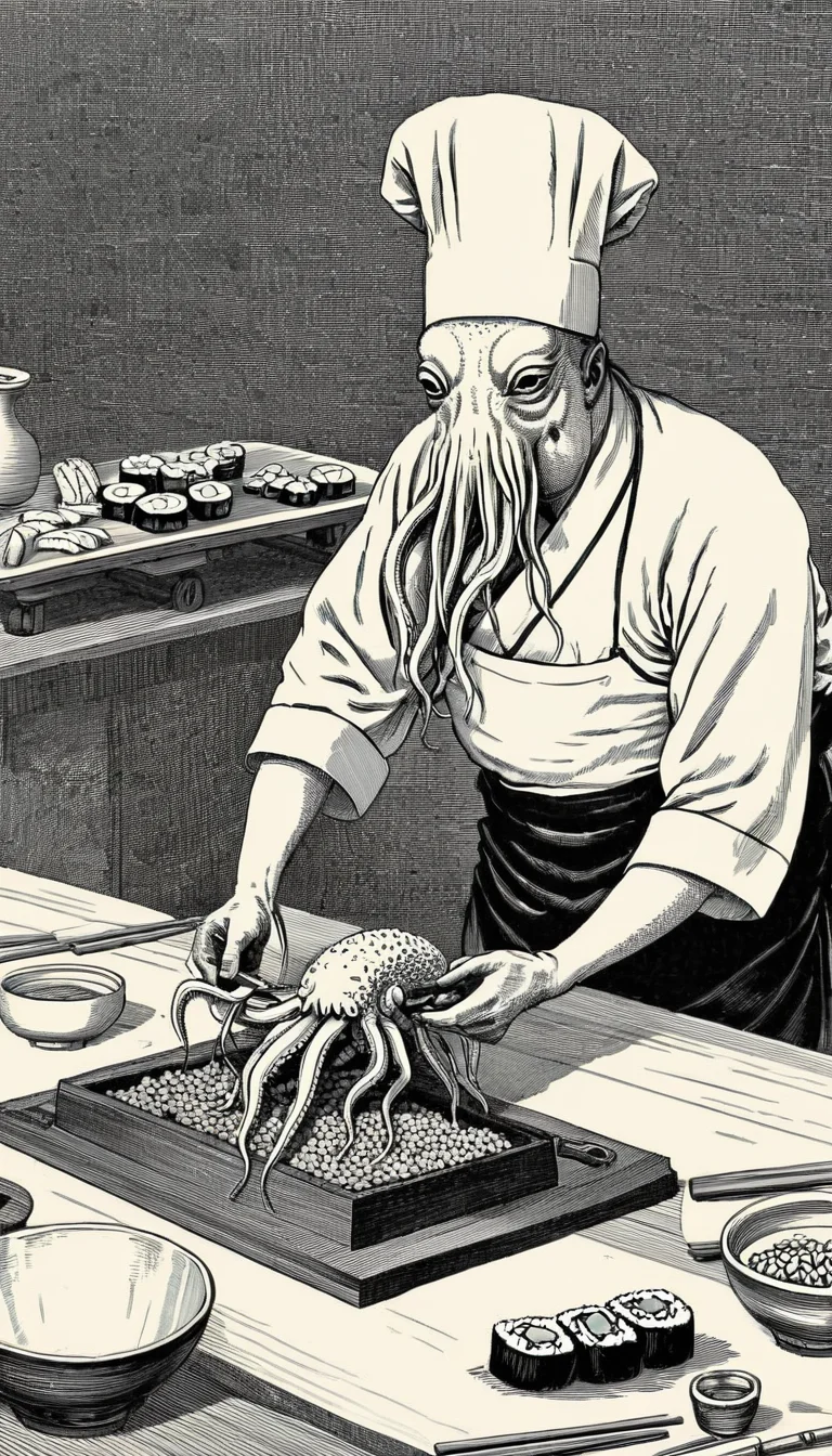 octopus squid making sushi <lora:vntg-line-art-v2:1> vntg, line-art