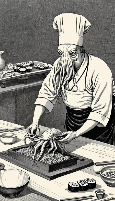 octopus squid making sushi <lora:vntg-line-art-v2:1> vntg, line-art