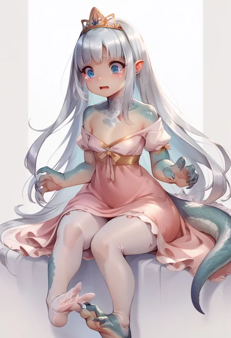 score_9, score_8_up, score_7_up, solo, dragon girl, (human face:1.2), anthro, princess dress, (scales skin:0.8), short stack girl, (long neck:0.7), dragon neck, small chest, scales chest, shoeburst, white tights, torn tights, dragon feet, mid transformation, silver long hair, dragon hands, claws, dragon tail, scared, gasping, tears, call for help, Simple Background