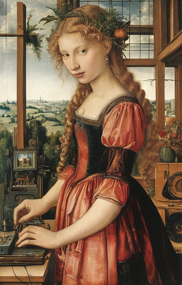 masterpiece,best quality,<lora:tbh183-sdxl:0.8>,illustration,style of Albrecht Durer, tech genius teenage girl