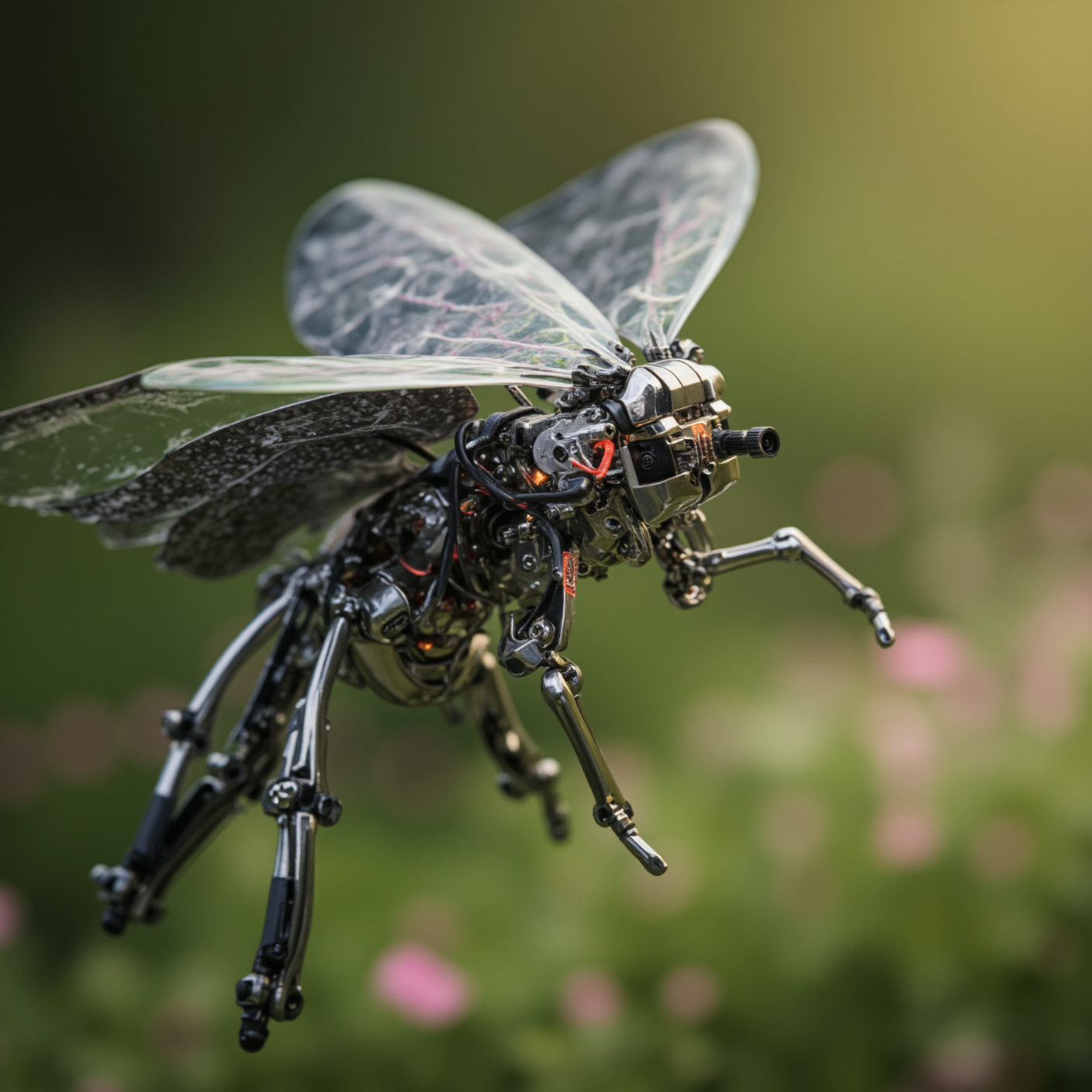 close-up of a mechanized butterfly mid-flight, wings crafted from translucent polymer over carbon struts with embedded LED tracer lines, thorax is a miniature mechanical core with articulated legs and exposed wiring, antennae made of flexible tubing tipped with micro-sensors, metallic exoskeleton in iridescent chrome and black, background is soft-focus meadow of neon flowers and reactive grass blades, motion blur and shallow depth of field for realism  








mg-mk.1